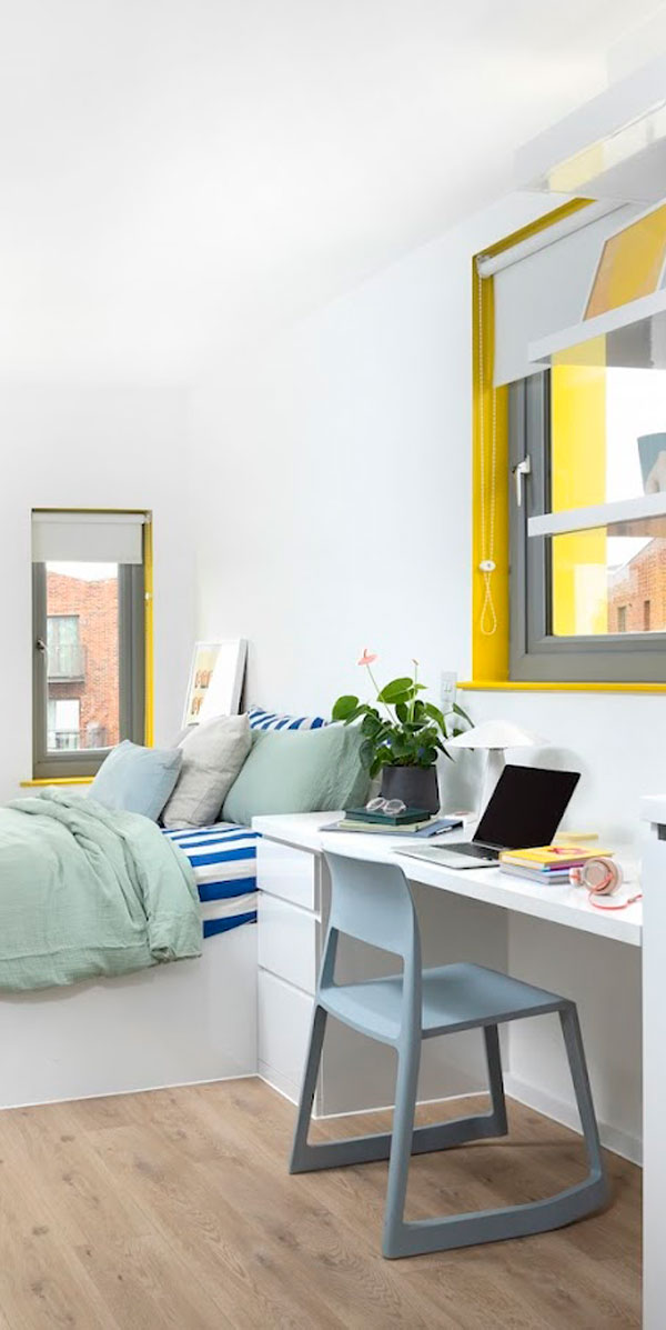 Cozy bedroom featuring a light green bedspread, striped blue and white bedding, and a modern workspace with a laptop, books, and a potted plant. Natural light filters through bright yellow-framed windows.